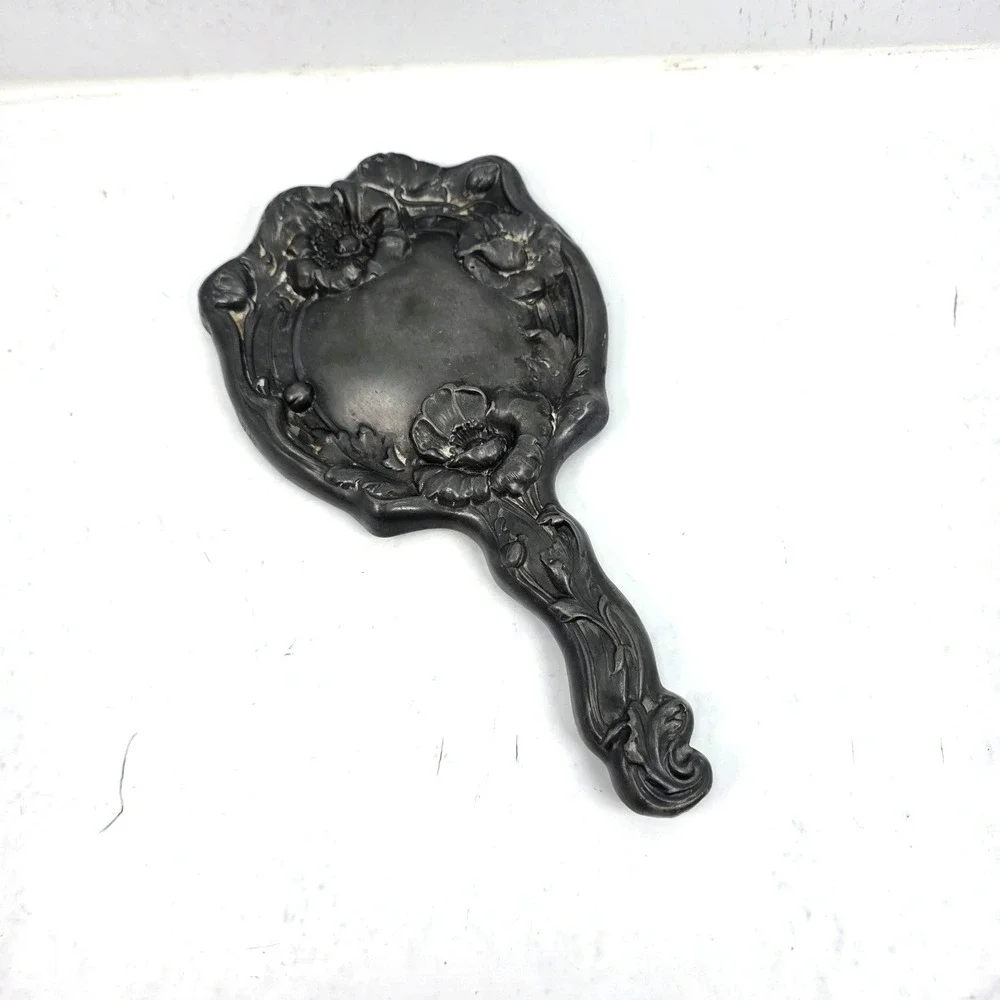 Vintage Art Nouveau Repousse Handheld Mirror Bevelled Glass 10